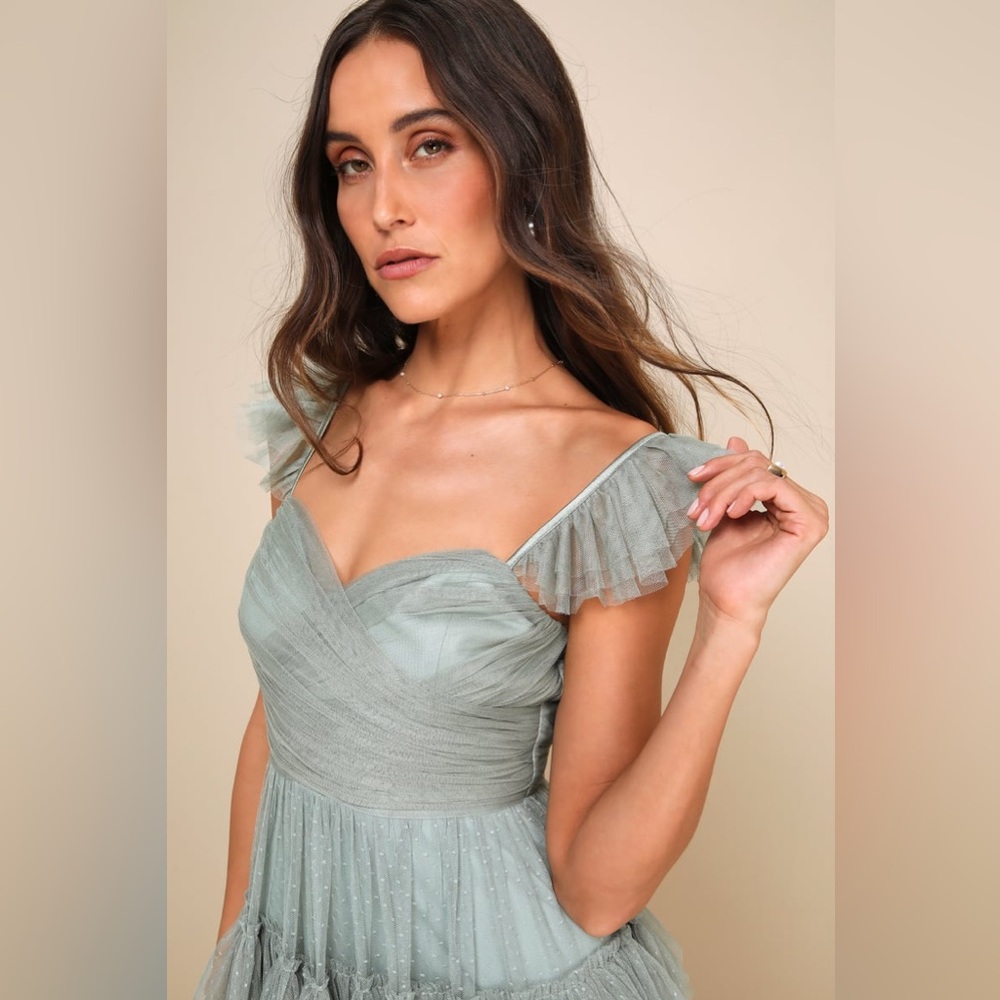 Lulus - Pure Radiance Sage Brush Mesh Swiss Dot Tiered Maxi Dress Green - S - Picture 4 of 13